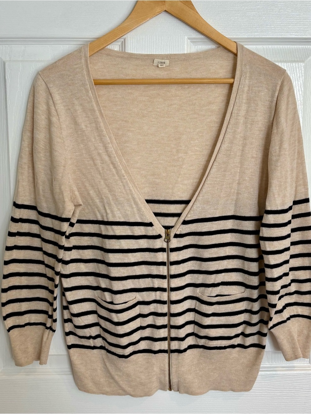 J.Crew Light Beige Striped Zip-Front Women's Sweater Cardigan